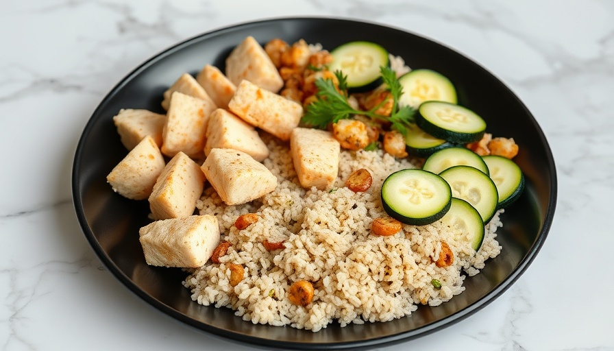 Healthy recipes plate with quinoa, chicken, zucchini.