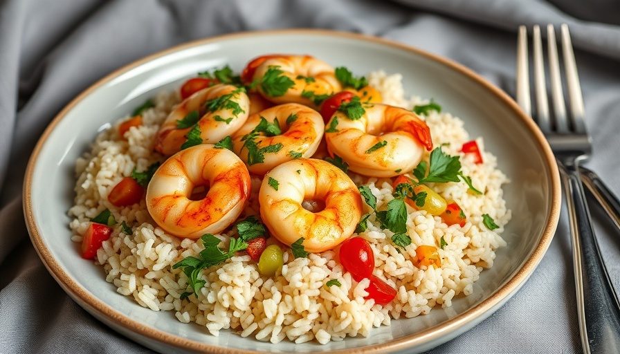 Salsa verde shrimp rice dish with fresh shrimp and vegetables.