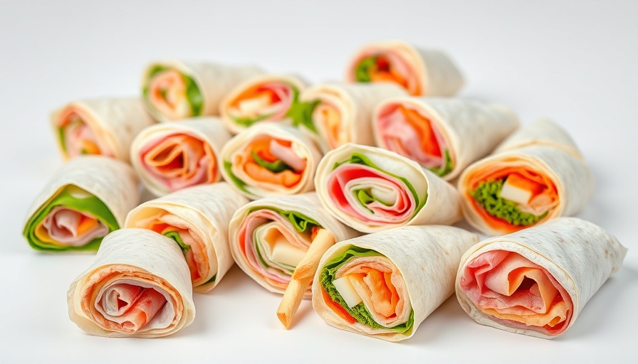 Colorful healthy kid-friendly wraps on white surface