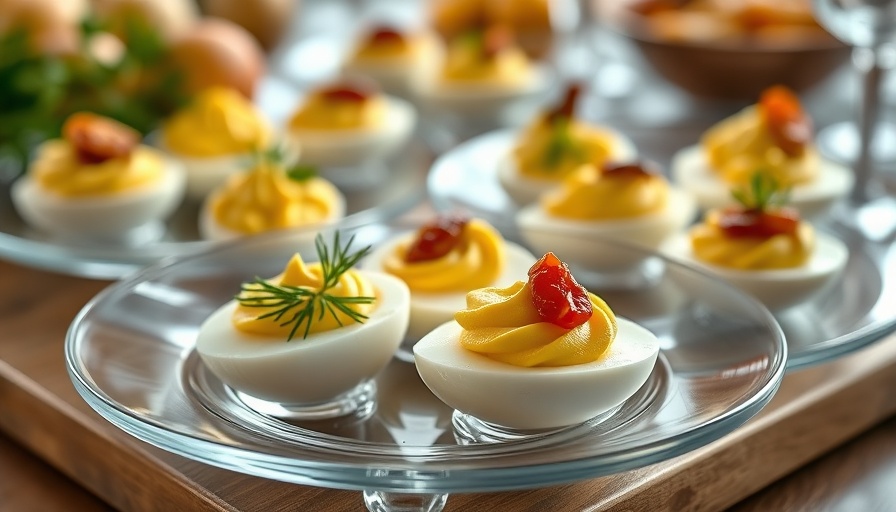 Elegant deviled eggs recipe presentation with garnishes.