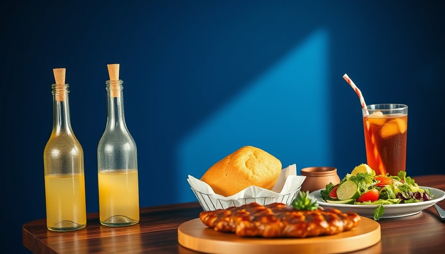 Vinegar bottles with food and iced tea, promoting health benefits of vinegar.