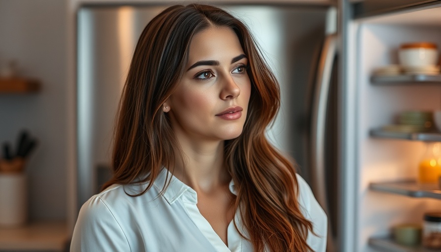 Thoughtful woman pondering at the open fridge, modern kitchen setting.
