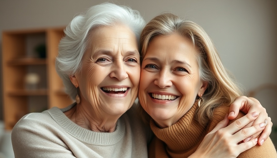 Older and younger woman smiling warmly indoors