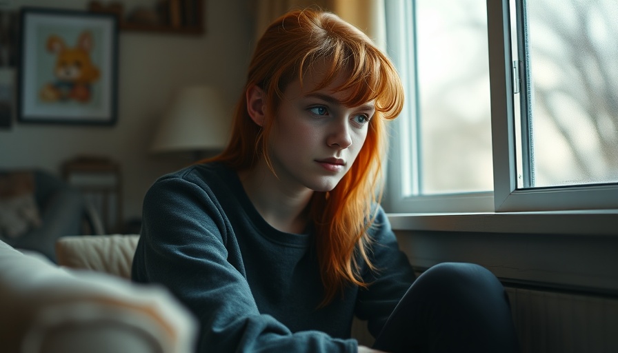 Teenager emotions management, girl sitting by a window in thought.