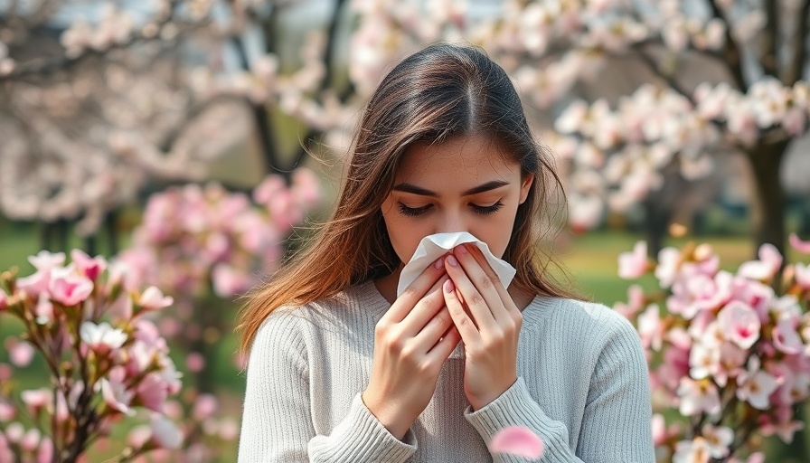Woman sneezing outdoors, seasonal allergies, spring flowers.