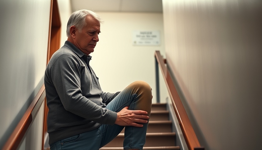 Middle-aged man experiencing knee pain while climbing stairs, highlighting stairwell.