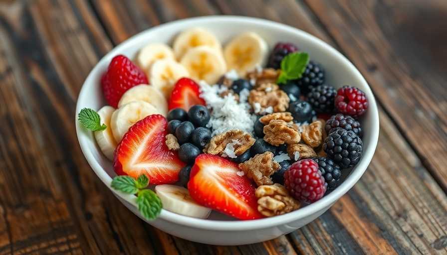 Healthy breakfast bowl with fruits and nuts for tips on a healthier gut.
