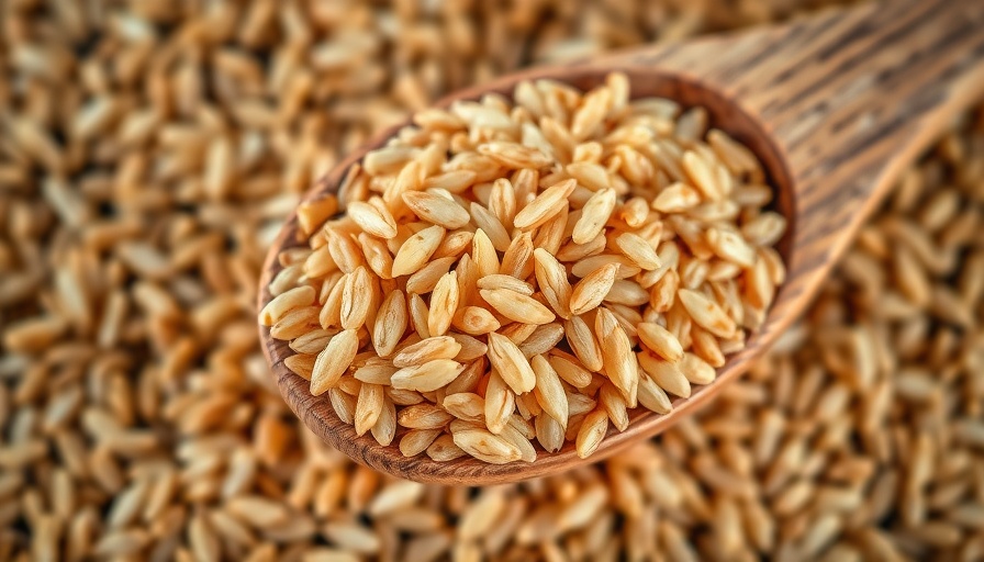 Whole grain brown rice on wooden spoon close-up, texture focus