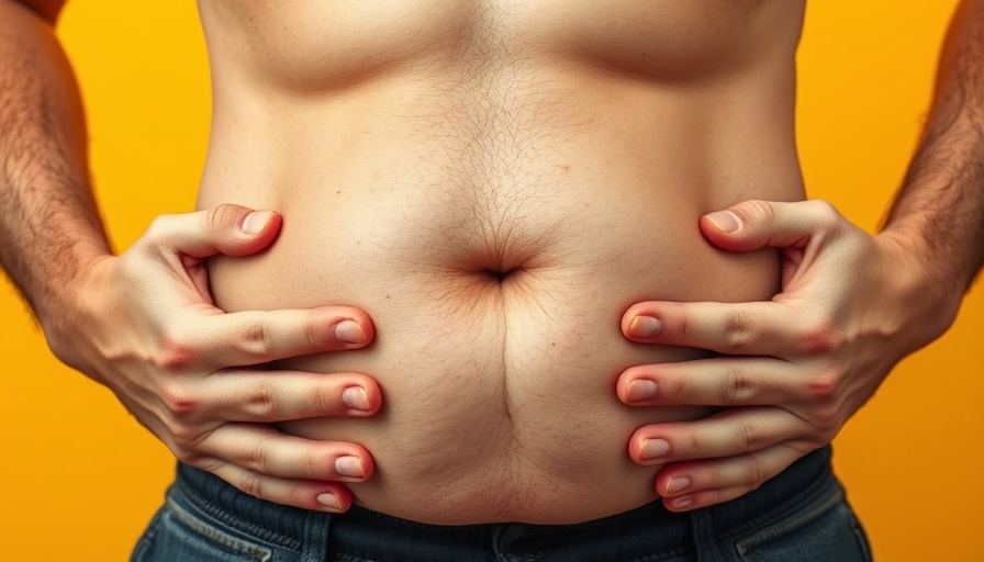 Close-up showing hands gripping belly fat against yellow background, emphasizing health risks.