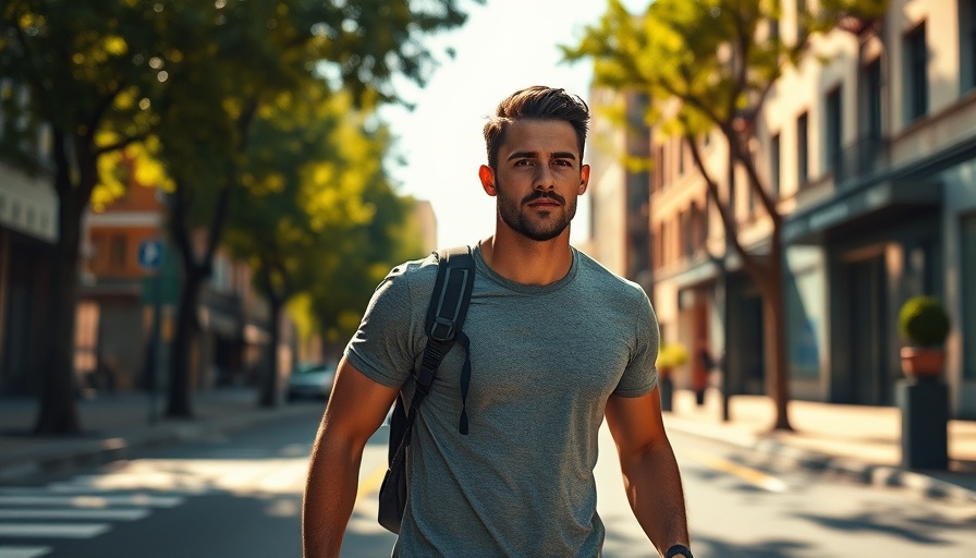 Man walking briskly, morning street, focus on health and fitness