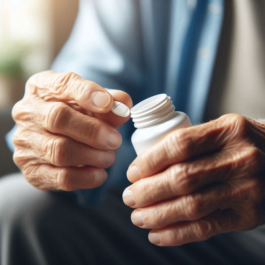 Elderly hands taking medication