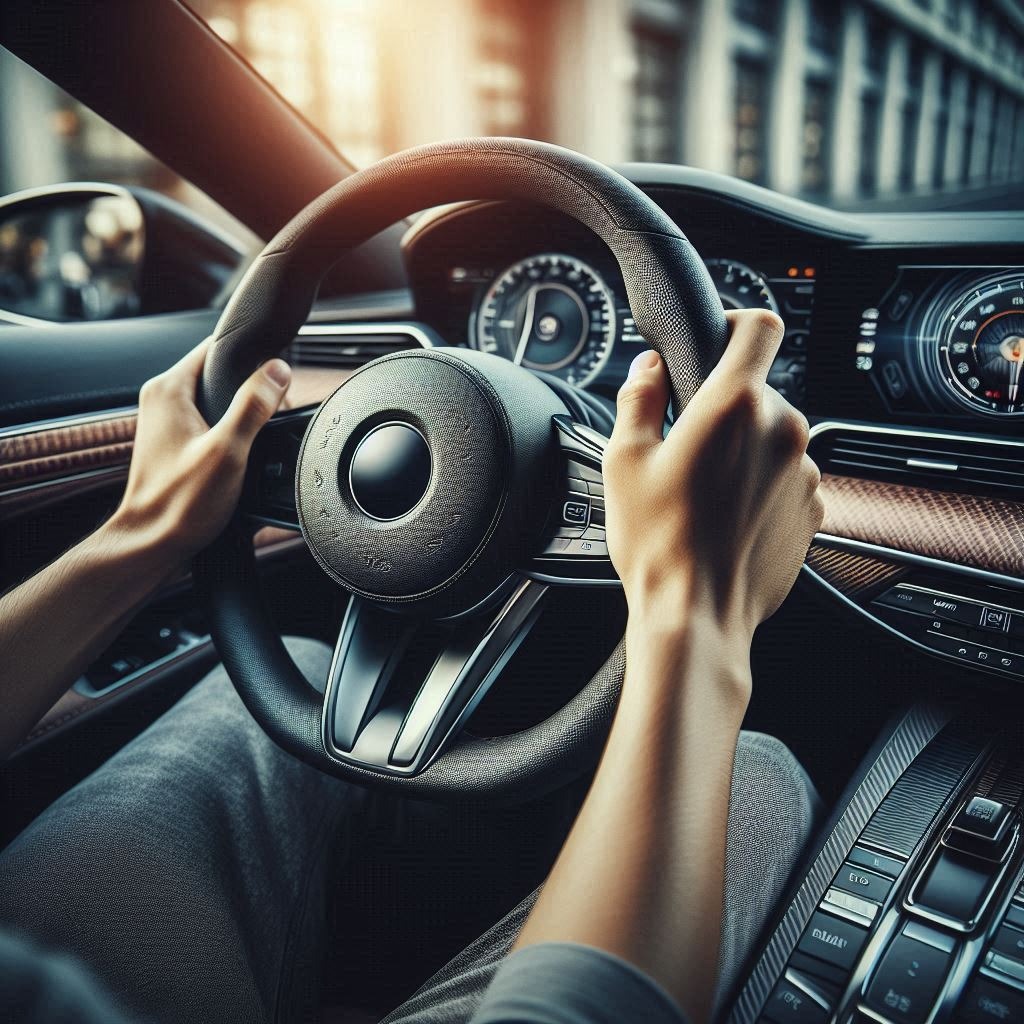 Young Driver Training NC: hand on steering wheel in a modern car.