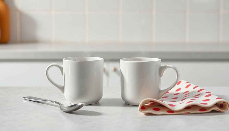 Steaming white coffee mugs with colorful napkin and spoon.
