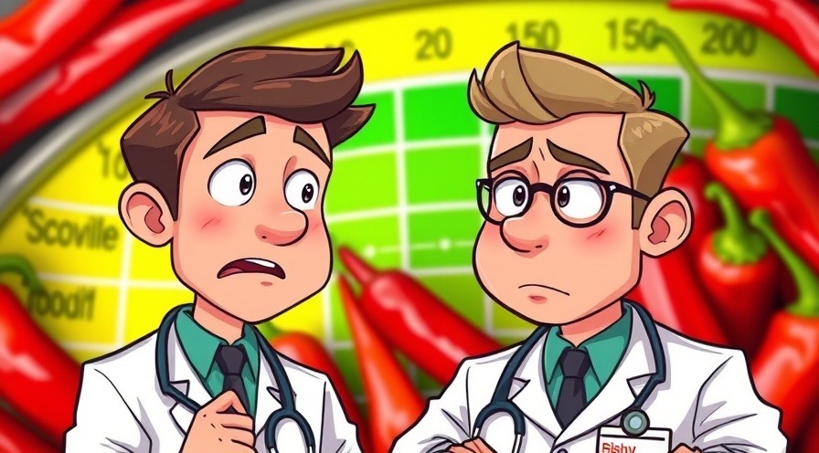 Two doctors discuss spicy food health benefits amid colorful Scoville scale background.