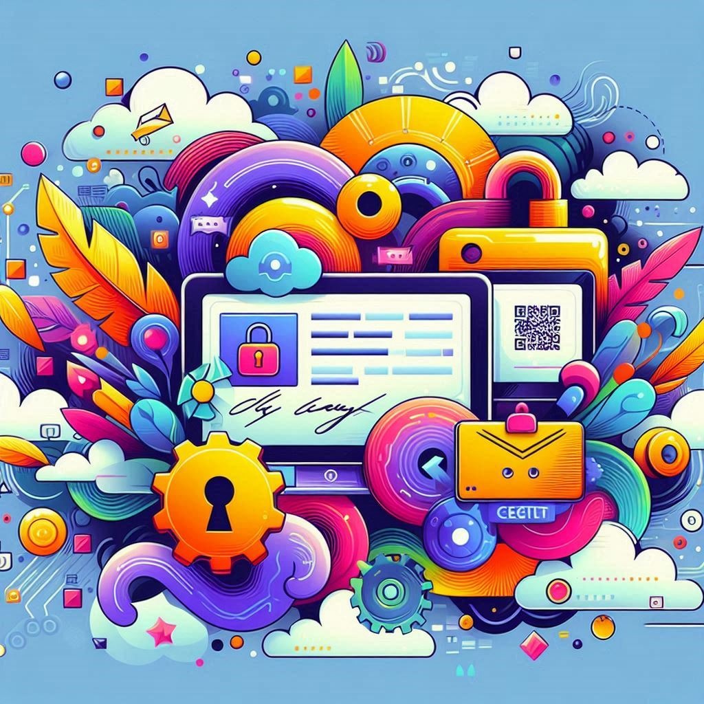Abstract digital certificates and authentication with vibrant colors and intricate patterns.