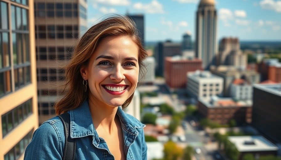 Friendly woman's trip to Greensboro NC highlighted against cityscape.