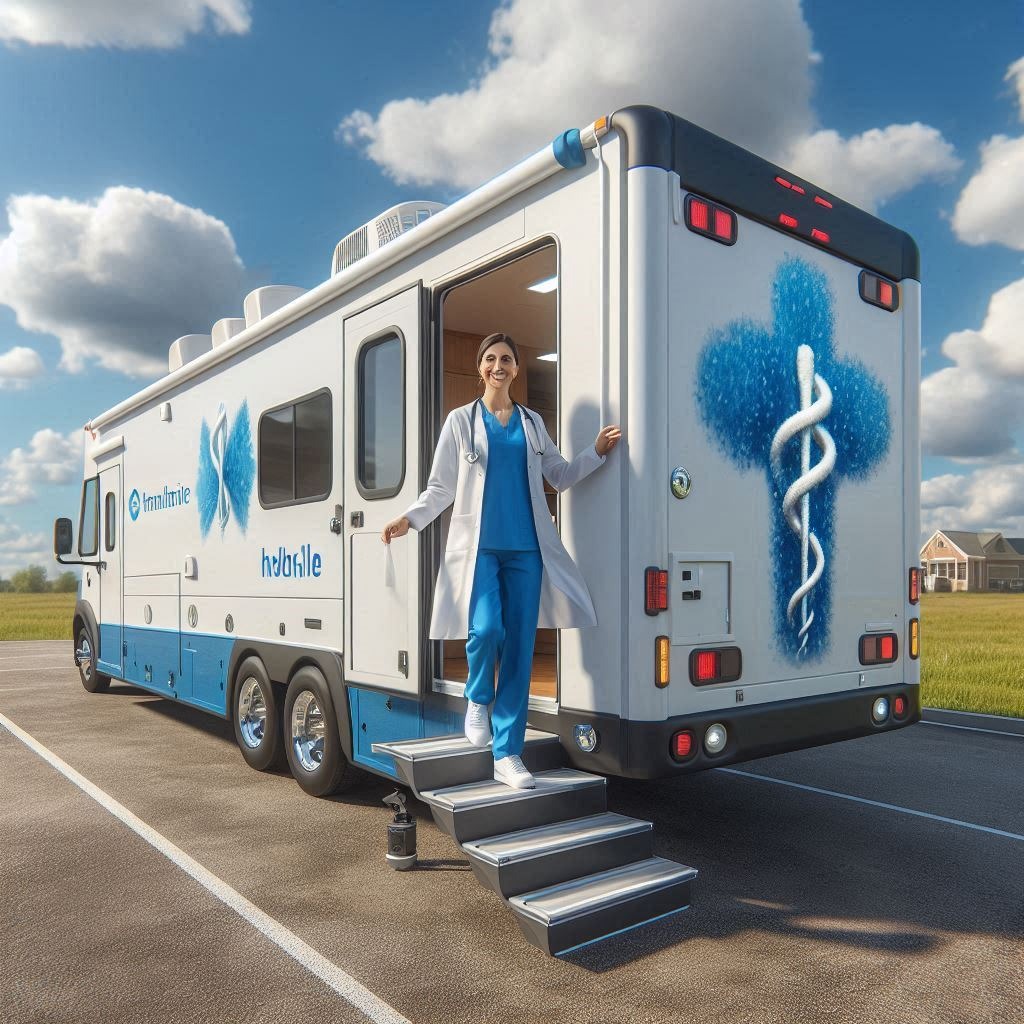 Modern mobile healthcare unit enhancing rural healthcare access, with a smiling medical professional.