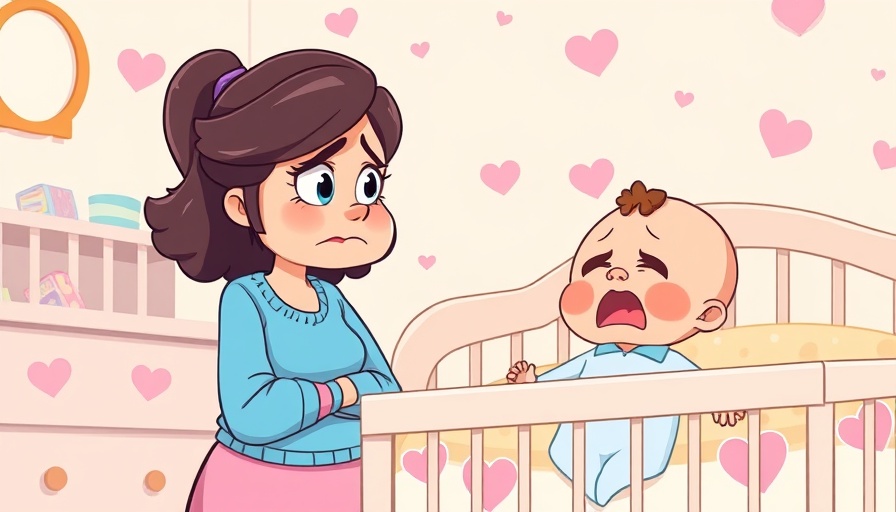 Cartoon mother with crying baby in crib, stressed expression.