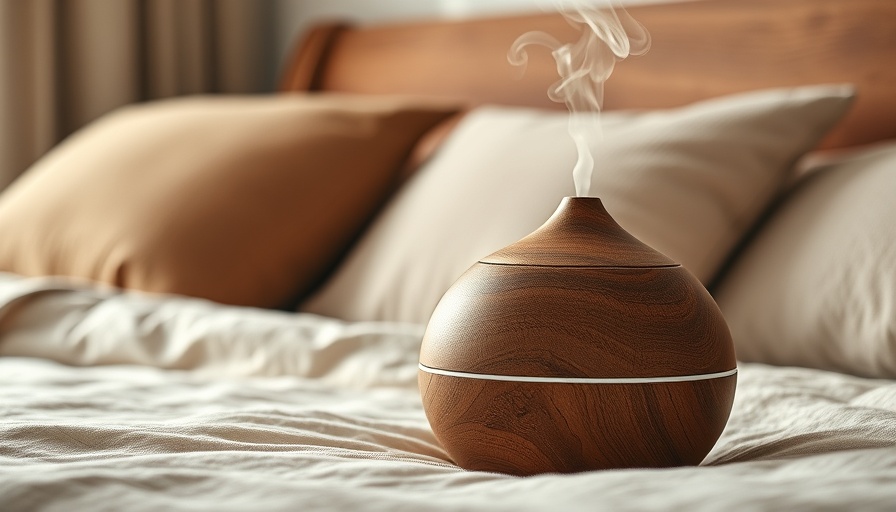 Wooden essential oil diffuser in cozy bedroom setting.