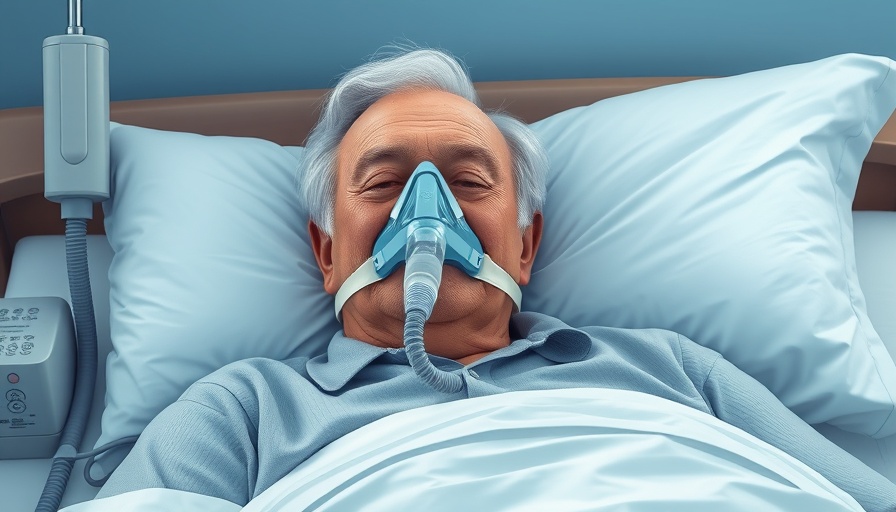 Sleep Apnea Surgery illustration showing man with CPAP machine in bed.