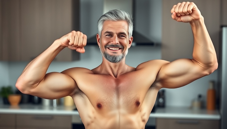 Senior fitness focus with man showcasing arm exercise in kitchen.