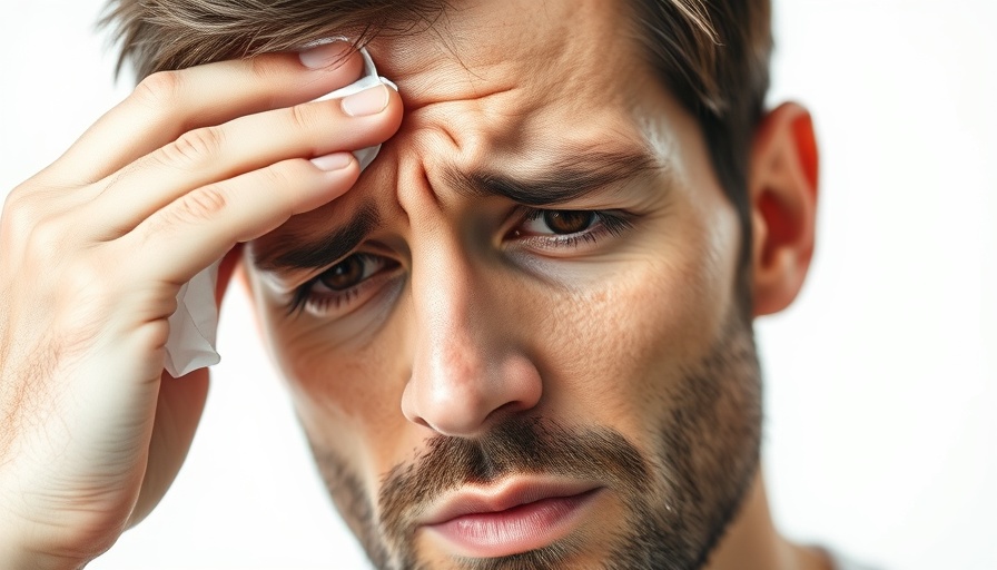 Concerned man sweating, wiping forehead, sign of heart attack or panic attack.