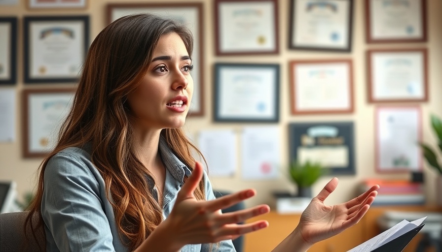Woman discussing self-care for caregivers with diplomas in the background.