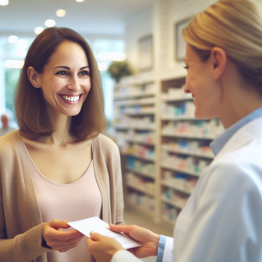 woman with thinning hair consulting with a pharmacist.