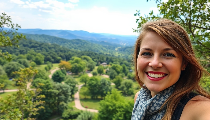 Aerial view of Flat Rock park and woman smiling, Things to do in Flat Rock, NC.