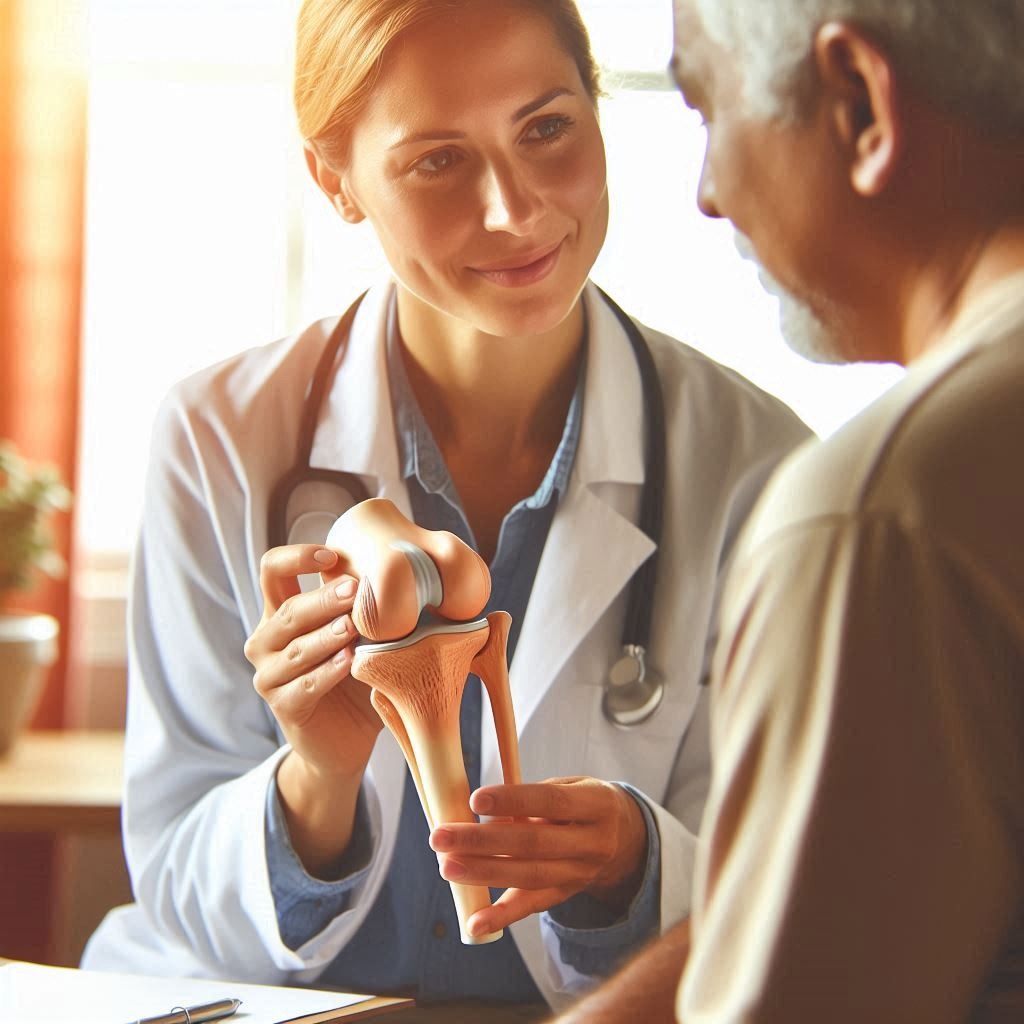 Doctor's office scene with a female doctor explaining a knee joint model to a patient