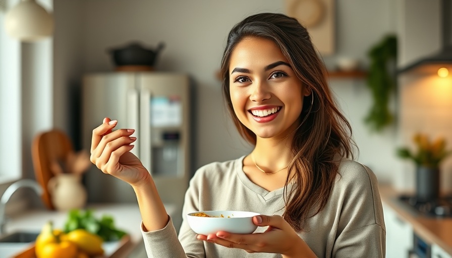Young woman showing turmeric as best anti-inflammatory food in kitchen.