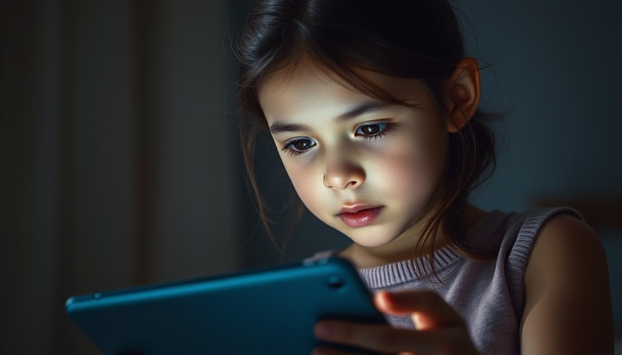 Young girl reading a tablet under soft blue light at night.