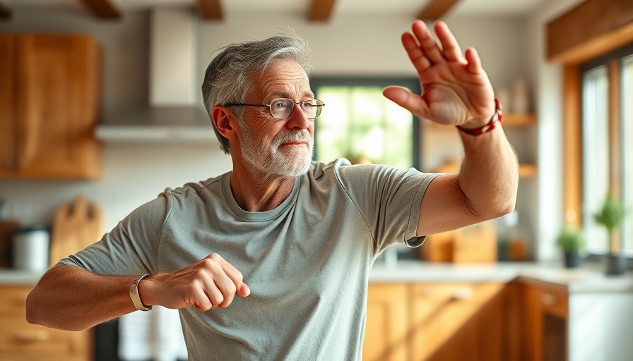 Middle-aged person balancing during senior fitness balance workout in kitchen.