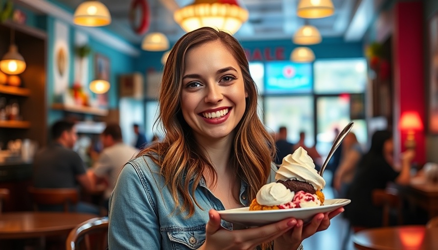 Cheerful woman enjoying ice cream on Hendersonville Ice Cream Trail.