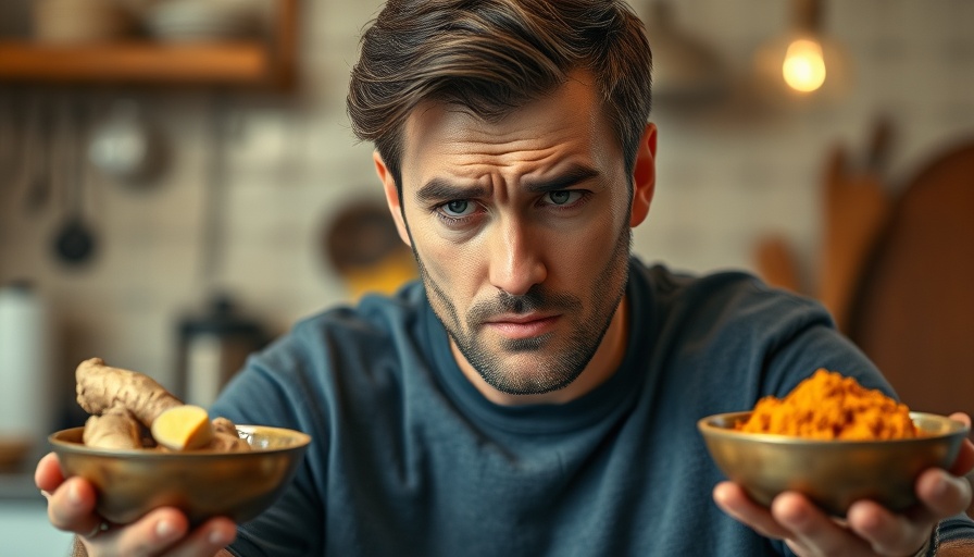 Ginger and Turmeric for Pain Relief: Man feeling unwell with spices.