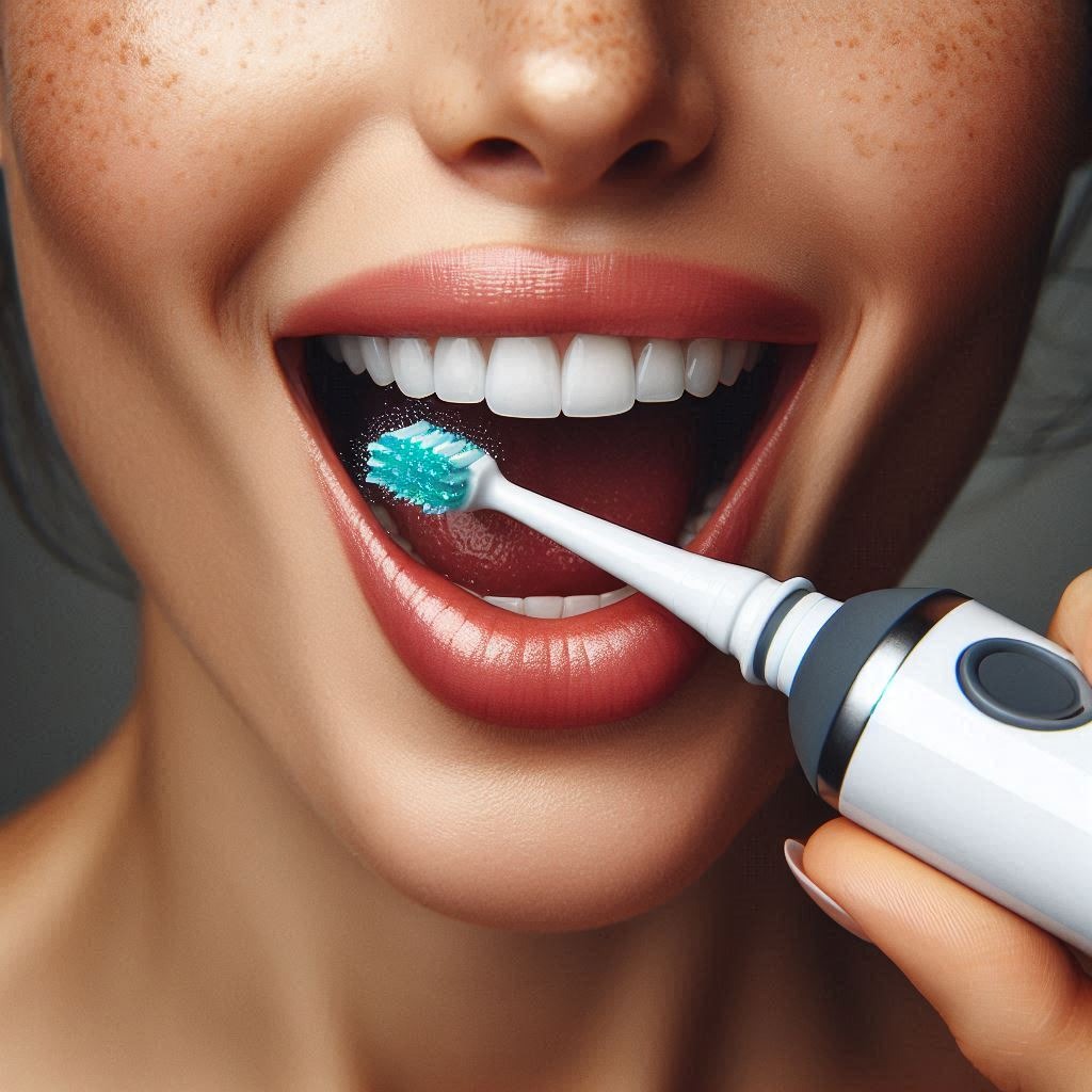 Woman using electric toothbrush correctly with open mouth
