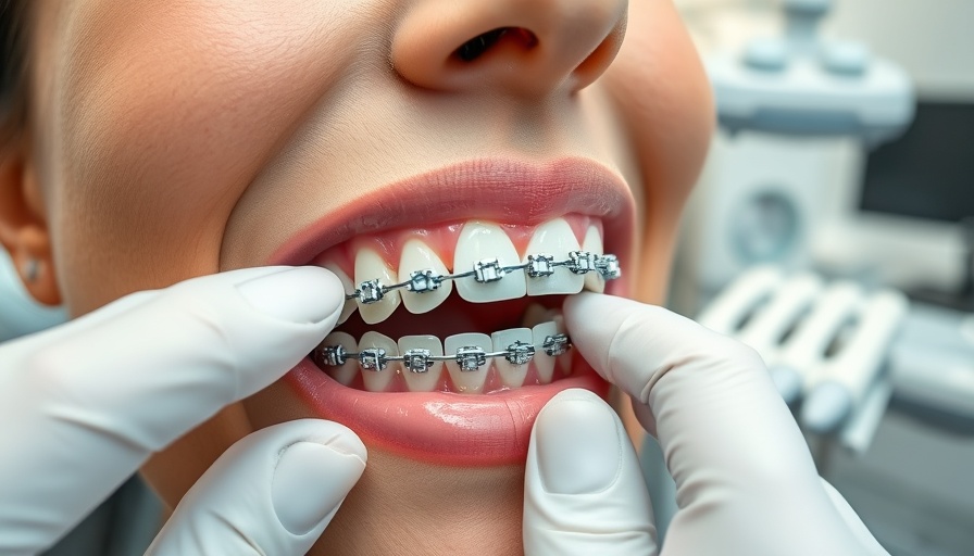 Applying dental braces with precise measurement in dental office.