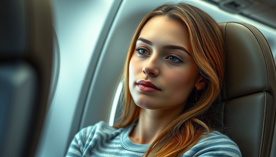 Relaxed young woman on flight practicing skincare routine, protect your skin from UV rays on flights.