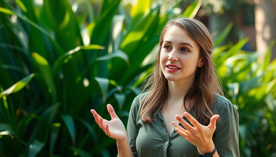 Woman discussing hormonal health benefits of natural sunlight surrounded by greenery.