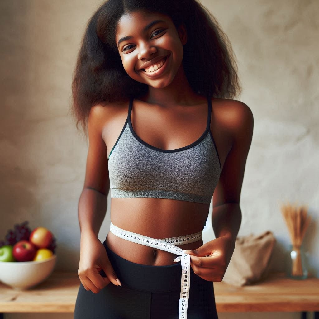 Smiling teenage girl measuring waist promoting teen weight loss strategies in a healthy lifestyle.