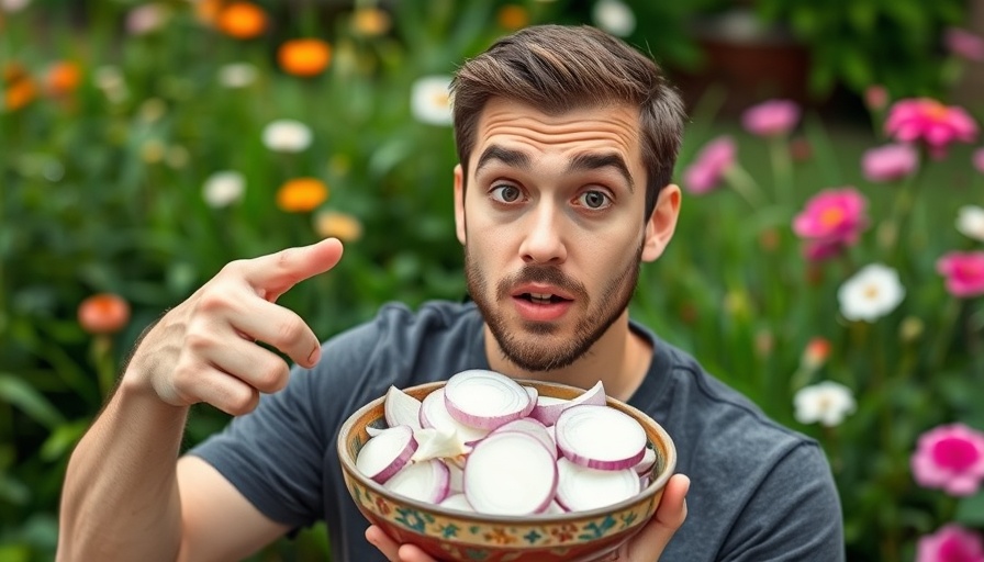 Surprised man pointing at bowl of onions, onion juice for extreme hair growth concept.