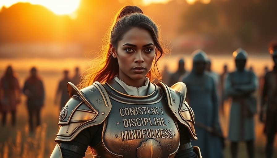 Confident woman in armor embodying micro habits against stress.