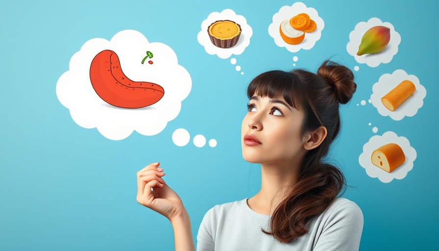 Curious woman ponders food's effect on brain chemistry, playful.