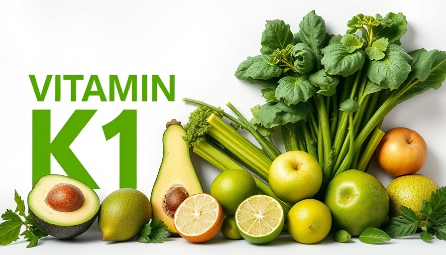 Vitamin K1 explained with fresh green vegetables and fruits on white.