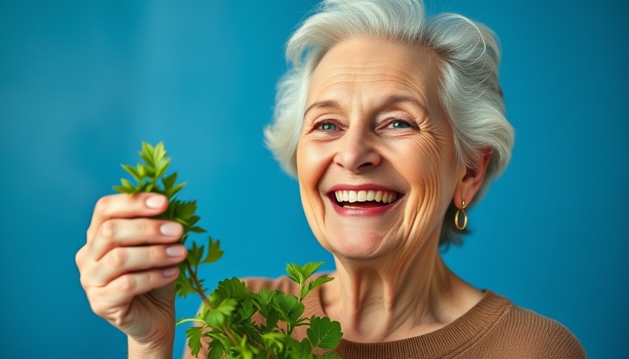 Joyful older woman with herb highlighting holistic medicine benefits.