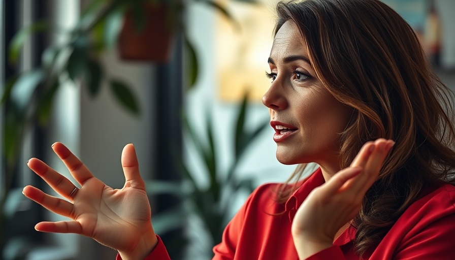 Expressive woman talking about shyness vs avoidant personality indoors.