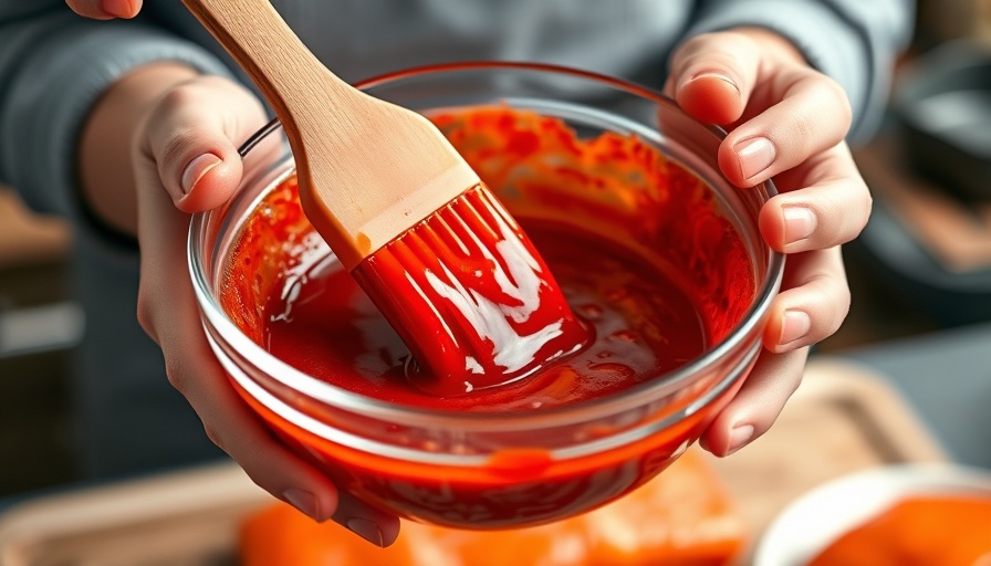 Gochujang glaze in a bowl with brush for Gochujang-Glazed Salmon.
