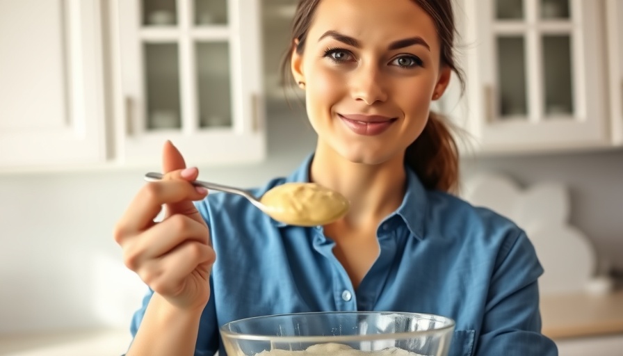Woman preparing batter in a kitchen setting.
