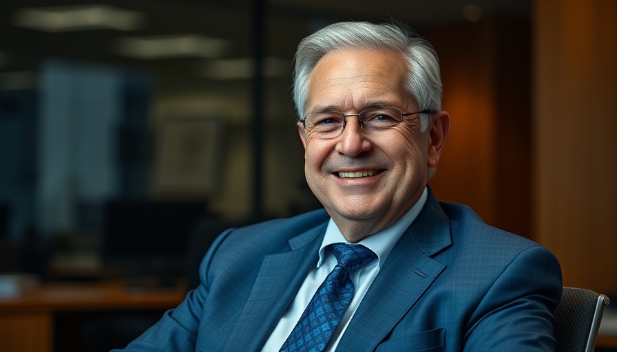 Smiling older man in blue suit in an office, warm lighting.