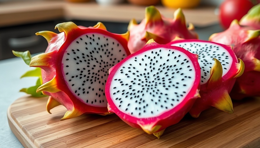 Dragon fruit benefits highlighted with close-up of halved fruit.